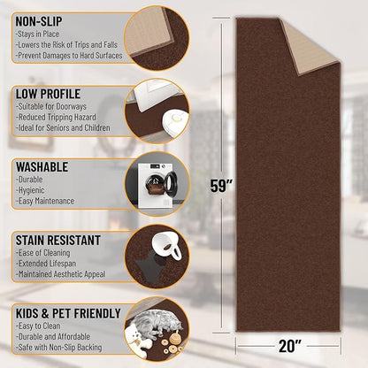 Machine Washable Modern Solid Design Non-Slip Rubberback 2x5 Traditional Runner Rug for Hallway, Kitchen, Bedroom, Entryway, 20" x 59", Brown