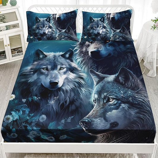 AILONEN Boys Wolf Fitted Sheet Set Twin Size, 3 Pieces Wildlife Bed Sheet Set,Evening Moon Wolf Sheet Set for Boys Teen Men,Wolves Print Fitted Sheet with 2 Pillowcases