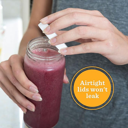 All About Juicing Clear Glass Water Bottles Set - 6 Pack Wide Mouth with Lids for Juice, Smoothies, Beverage Storage - 16 oz, Durable, Reusable, Dishwasher Safe, Leak Proof (White Caps)