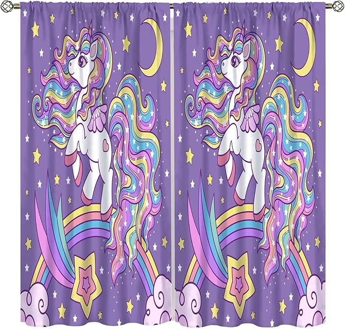Unicorn Curtains Fantasy Star Moon Cartoon Theme Curtains Cute White Unicorn Rainbow Design Printed Curtains Boys Girls Room Curtains 42x45 Inch 2 Panels