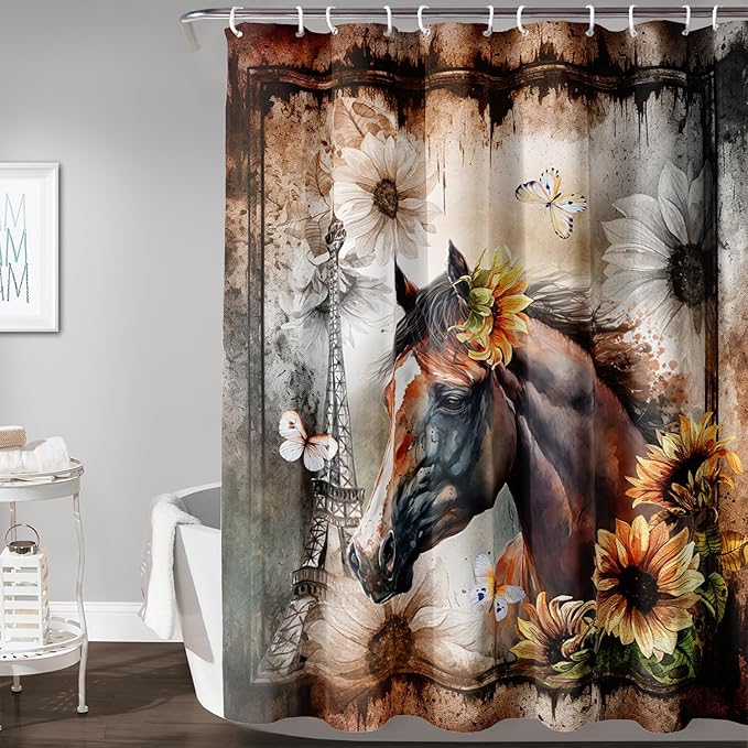 AILONEN Horse Shower Curtain,Sunflower Eiffel Tower Horse Bath Curtain,Retro Horse Polyester Waterproof with 12 Plastic Hooks 36" W*72" H