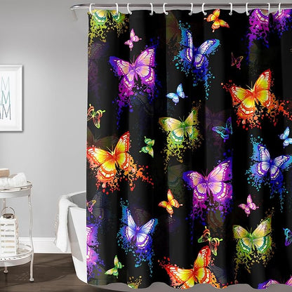 AILONEN Butterfly Shower Curtain for Bathroom, Colorful Butterfly Polyester Waterproof Bath Curtain,Modern Fashion Minimalist Shower Curtain with 12 Plastic Hooks,Black 72" W*84" H