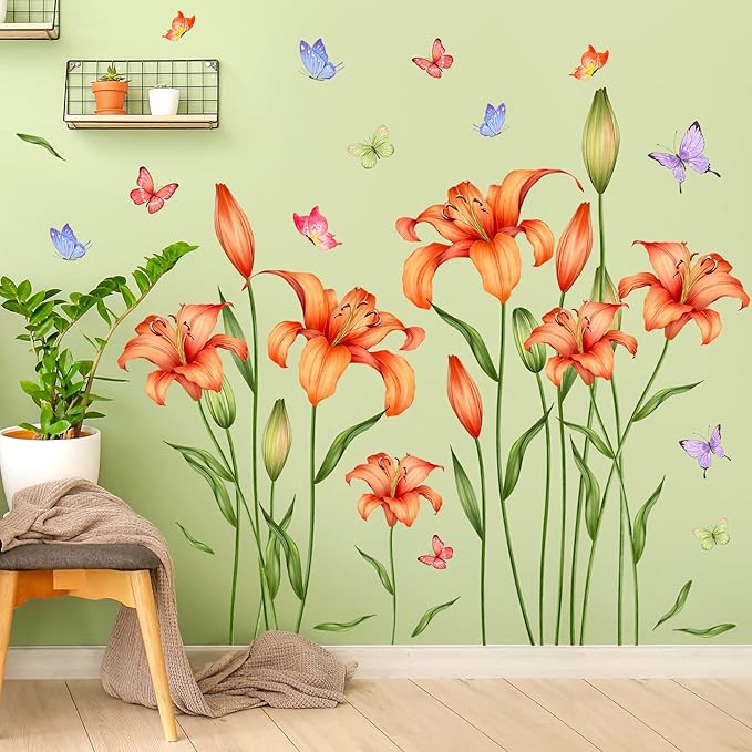 Amaonm Removable DIY Orange Lily Flower wall Sticker Peel and Stick Floral Butterfly Leaf Plant Vine Wall Decals for Kids Girls Boys Bedroom Living Room Nursery Classroom Playroom Office Bathroom Wall Background Decoration