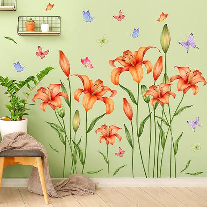 Amaonm Removable DIY Orange Lily Flower wall Sticker Peel and Stick Floral Butterfly Leaf Plant Vine Wall Decals for Kids Girls Boys Bedroom Living Room Nursery Classroom Playroom Office Bathroom Wall Background Decoration