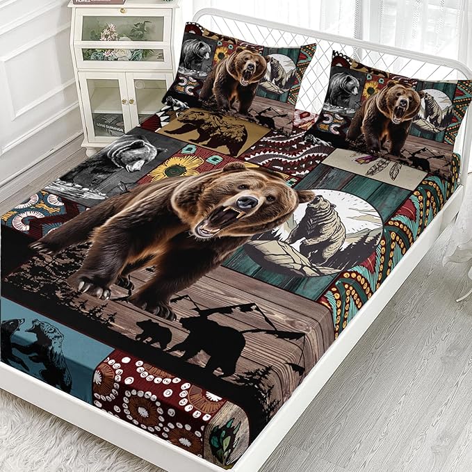 AILONEN Roaring Bear Fitted Sheet Set Queen Size, Rustic Cabin Bed Sheet Set,Wildlife Bedding Grey Bear Plaid Sheet Set,3 Pieces Teen Men Boys Bed Sheet Set,1 Fitted Sheet with 2 Pillowcases