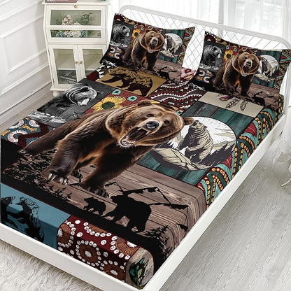 AILONEN Roaring Bear Fitted Sheet Set Twin Size, Rustic Cabin Bed Sheet Set,Wildlife Bedding Grey Bear Plaid Sheet Set,3 Pieces Teen Men Boys Bed Sheet Set,1 Fitted Sheet with 2 Pillowcases
