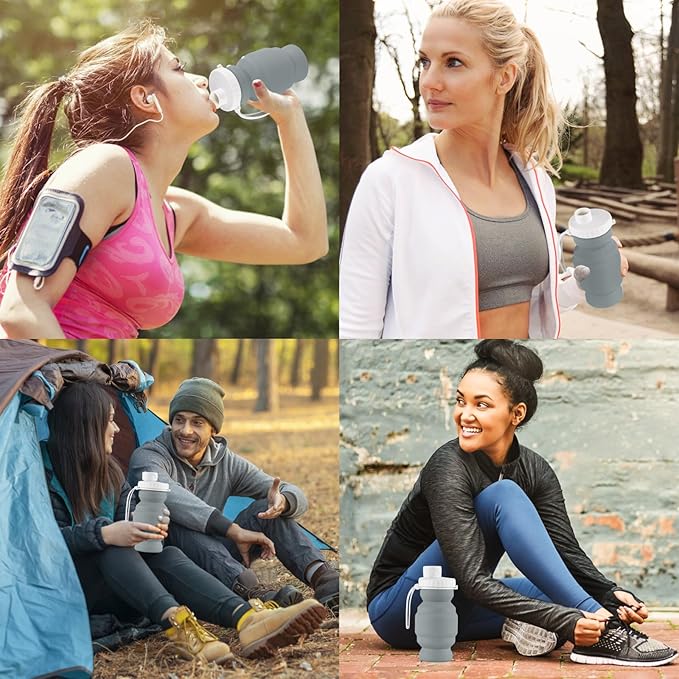 THAIOXYH® Collapsible Water Bottles 11 oz（320ml） Reuseable Foldable Portable BPA Free Silicone Collapsible Water Bottles for Traveling Hiking Camping Sports (grey)…