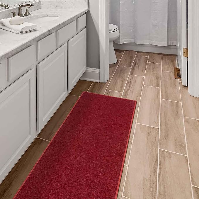 Machine Washable Modern Solid Design Non-Slip Rubberback 3x10 Traditional Runner Rug for Hallway, Kitchen, Bedroom, Living Room, 2'7" x 9'10", Red