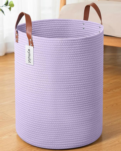 80L Large Rope Basket, Woven Rope Storage Basket with Leather Handles, Dog Toy Storage Basket, Bedroom, Nursery Blanket Storage, Bathroom Laundry Basket, 16“x20” Tall Rope Basket (Purple)