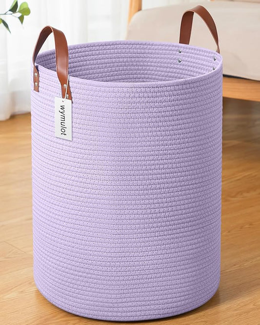 80L Large Rope Basket, Woven Rope Storage Basket with Leather Handles, Dog Toy Storage Basket, Bedroom, Nursery Blanket Storage, Bathroom Laundry Basket, 16“x20” Tall Rope Basket (Purple)