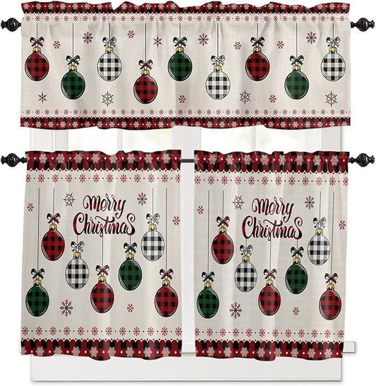 Christmas Kitchen Curtains and Valances Set, Vintage Buffalo Plaid Christmas Balls Window Treatments Tiers Farmhouse Half/Short Curtains for Small Windows Cafe /Living Room/ Bedroom 54x 36 in