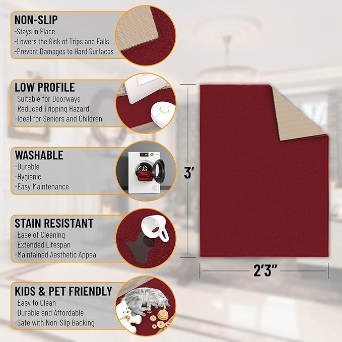 Machine Washable Modern Solid Design Non-Slip Rubberback 2x3 Traditional Area Rug for Entryway, Bedroom, Kitchen, Bathroom, 2'3" x 3', Red