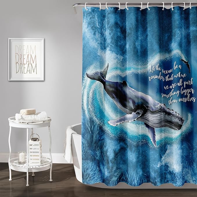 AILONEN 3D Whale Shower Curtain,Cute Whale Jumping Shower Curtain for Bathroom,3D Blue Ocean Animal Waterproof Fabric Shower Curtain Set with Hooks,48" W*72" H