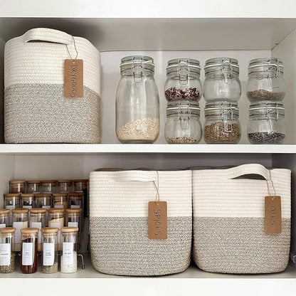 Goodpick Woven Storage Basket for Shelves, Cotton Rope Dog Toy Bin, Empty Gift Basket with Handles, Square Baskets for Storage, Brown and White Storage Bin, 13 x 10 x 9 Inches