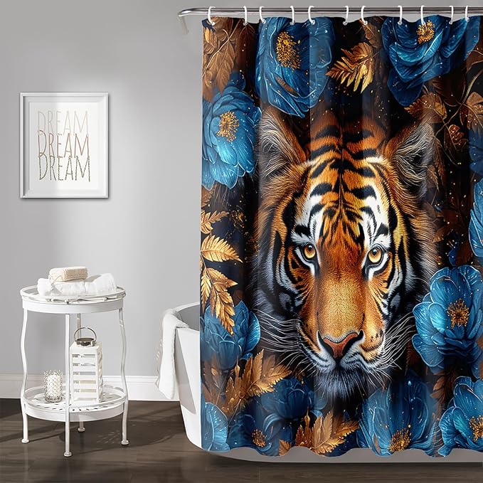 AILONEN Tiger Shower Curtains for Kids Boys,Blue Flower Tiger Bath Curtains,Wild Animal Curtains Polyester Waterproof,72" W*72" H with 12 Plastic Hooks