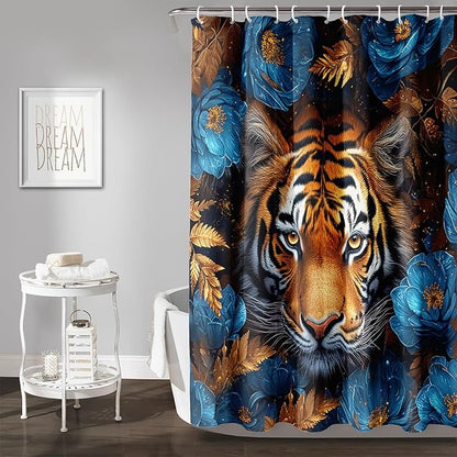AILONEN Tiger Shower Curtains for Kids Boys,Blue Flower Tiger Bath Curtains,Wild Animal Curtains Polyester Waterproof,72" W*78" H with 12 Plastic Hooks