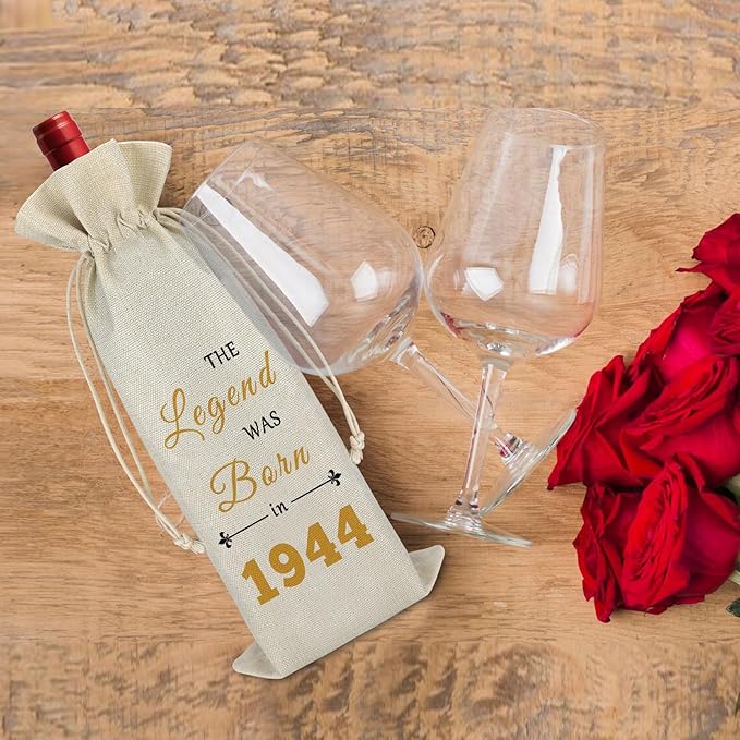 80th Birthday Gift for Grandma Grandpa Wine Bag Gifts for 80 Year Old Woman Men Birthday Wine Gift Bag 1944 80th Birthday Gifts for Mom Dad Christmas Gift Drawstring Wine Wrap Bag Burlap Wine Cover