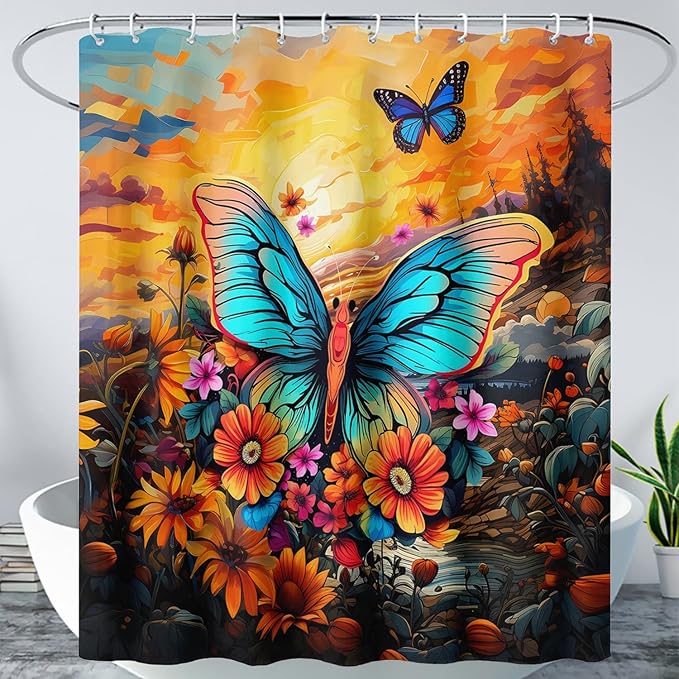 AILONEN Beautiful Butterfly Shower Curtain,Blue Butterfly with Sunflower Bath Curtain for Bathroom for Boys,Girls,Natural Plants Waterproof Fabric Shower Curtain Set with Hooks,72" W*72" H
