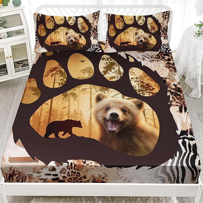AILONEN Cute Bear Twin Fitted Sheet Set for Girls Boys, Bear Paw Sheet Leopard Print Fitted Sheet with 2 Pillowcases,3 Pieces Rustic Vintage Bear Bed Sheet Set