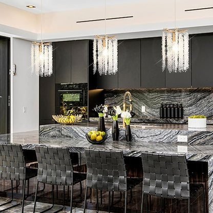 MO&OK Plug in Crystal Chandelier 3 Light with 15Ft Cord Modern Pendant Light for Bedroom Mini Antler Hanging Lamp for Kitchen Island Dinning Bedrooms and Hallway