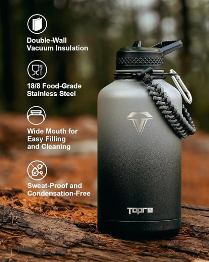 64 oz Insulated Water Bottle,Half Gallon Water Flask Stainless Steel Vacuum, Cold for 48 Hrs,BPA-Free & Leakproof -with Paracord Handle, Strap,Straw Spout Lids,Large Jug for Gym,Grey