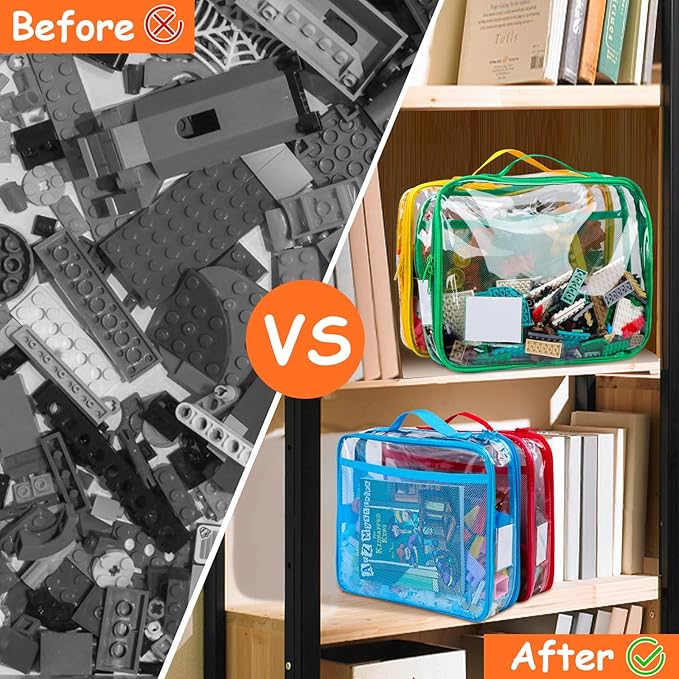 4 Pack Toy Storage Organizer Bag for Lego Bricks, Clear PVC Zippered Blocks Set with Manual Pocket& Name Tag, Waterproof Toy Carrying Case for Board Games& Building Blocks (Large, Colorful)
