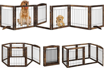 Folding No-Assembly Pet Gate 144" Wide, 30" Tall Wooden Dog Gate with Door Walk Through, Freestanding Wire Pet Gate, Pet Puppy Safety Fence, with 2PCS Support - Rustic Brown