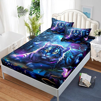 AILONEN Tiger Fitted Sheet Set Twin XL Size, Fairy Starry Forest Cute Tiger Sheet Wildlife Bed Sheet Set,3 Pieces Printed Fitted Sheet with 2 Pillowcases