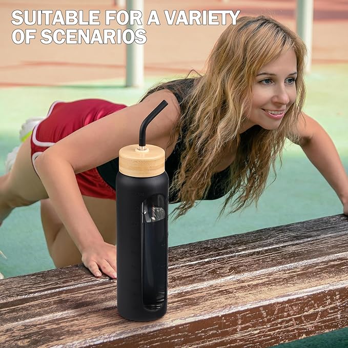 Glass Water Bottles with Straw -32oz- Water Bottle Phone Holder for Gym Large Motivational Water Bottle with Time Marker Glass Drinking Bottles 2 Lids - Spout & Bamboo Straw Lid(Black)