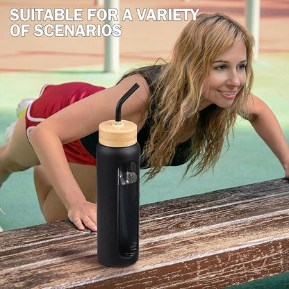Glass Water Bottles with Straw -32oz- Water Bottle Phone Holder for Gym Large Motivational Water Bottle with Time Marker Glass Drinking Bottles 2 Lids - Spout & Bamboo Straw Lid(Black)