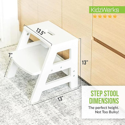 Kids Step Stool for Toddlers Bathroom Kitchen Potty Wooden Children’s Stepping Standing 2-Step Ladder, White