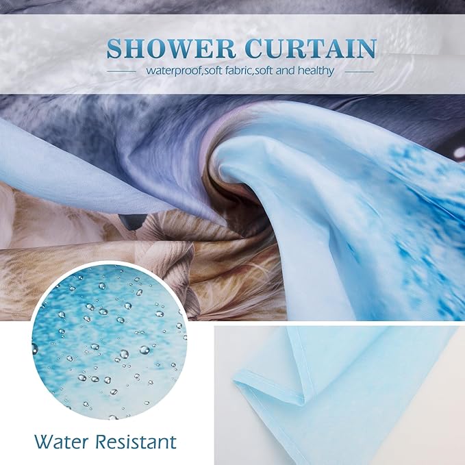 Aimego Long Funny Shower Curtain - Cute Cool Cat Riding Shark Ocean Wave Fun Fabric Cloth Shower Curtain Set with 12 Hooks for Adults Kids Bathroom Decor Accessories Bathtub Curtain, 72"x78"