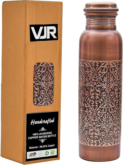 VJR Copper Bottle for Drinking Water 33 Oz Ayurvedic Leak Proof lid Floral Engraved Design Durable Lightweight Hand Washable Vessel Clean Cool Water Natural Minerals Boost Energy Safe Water Utensil