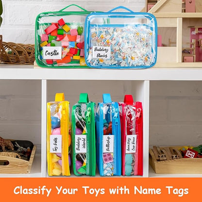 4 Pack Toy Storage Organizer Bag for Lego Bricks, Clear PVC Zippered Blocks Set with Manual Pocket& Name Tag, Waterproof Toy Carrying Case for Board Games& Building Blocks (Large, Colorful)