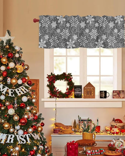 Christmas Valance Curtains for Kitchen Windows Grey White Snowflakes Pattern Rod Pocket Window Treatment Toppers for Kitchen/Living Room/Bedroom/Bathroom, 42" X 18", Winter