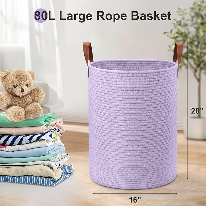 80L Large Rope Basket, Woven Rope Storage Basket with Leather Handles, Dog Toy Storage Basket, Bedroom, Nursery Blanket Storage, Bathroom Laundry Basket, 16“x20” Tall Rope Basket (Purple)