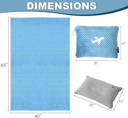 3 in 1 Travel Pillow and Blanket Set - 280 GSM Travel Blanket Airplane Compact with Bag, Inflatable Travel Pillow, Packable Airplane Blanket, Luggage Sleeve & Backpack Clip (Slate Blue)