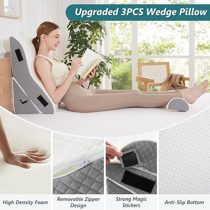 3 PCS Upgraded Bed Wedge Pillow for Sleeping - 35D Post Surgery Pillow for Back Leg Pain Relief - 22" Wide Adjustable Triangle Wedge Pillow Set for Acid Reflux & GERD & Snoring(white grey)