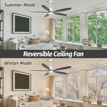 60" Ceiling Fan with Light and Remote,Reversible DC Motor,6Speed,Modern Natural Wood Ceiling Fan with Dimmable LED for Outdoor Patios Bedroom Living Room,Grey Walnut and White