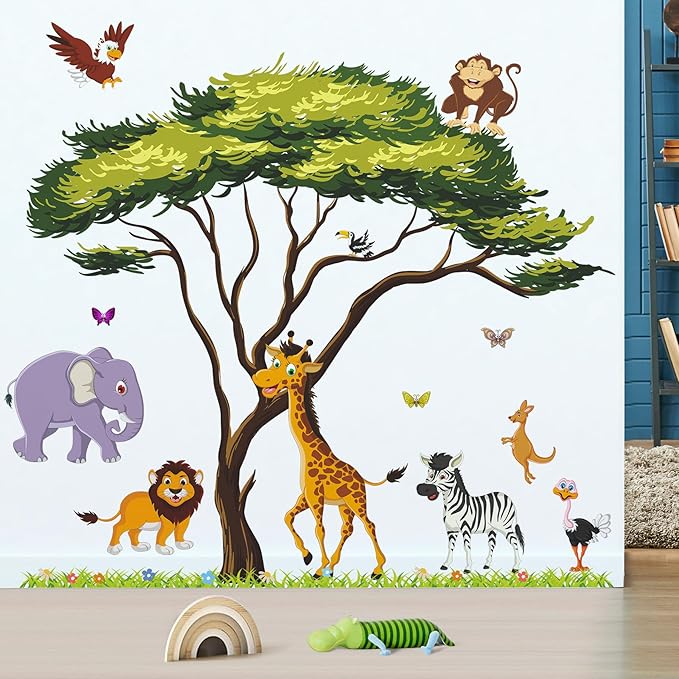 Jungle Animals Tree Wall Decals Woodland Animals Large Tree Wall Stickers Lion Elephant Zebra Safari Wall Sticker Removable DIY Peel and Stick for Kids Baby Bedroom Living Room Mural Decor