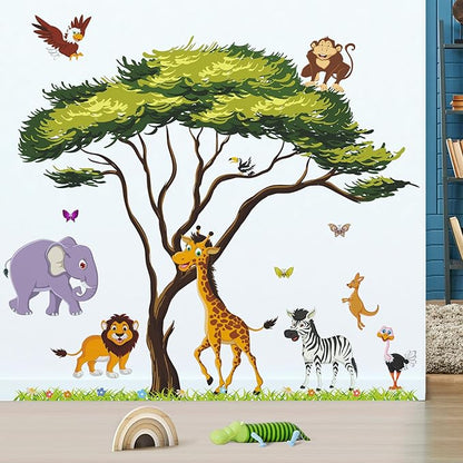 Jungle Animals Tree Wall Decals Woodland Animals Large Tree Wall Stickers Lion Elephant Zebra Safari Wall Sticker Removable DIY Peel and Stick for Kids Baby Bedroom Living Room Mural Decor