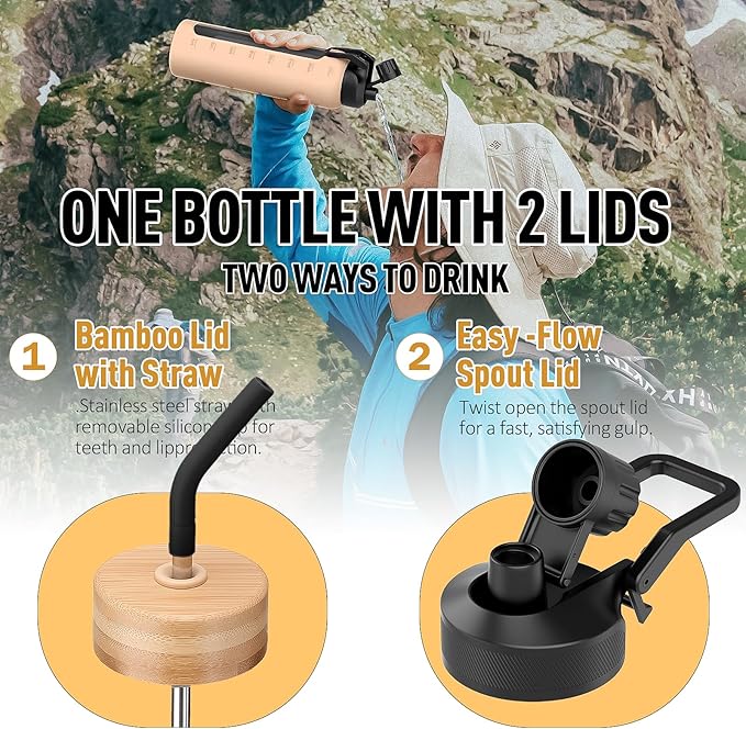 Glass Water Bottles with Straw -32oz- Water Bottle Phone Holder for Gym Large Motivational Water Bottle with Time Marker Glass Drinking Bottles 2 Lids - Spout & Bamboo Straw Lid(Black)
