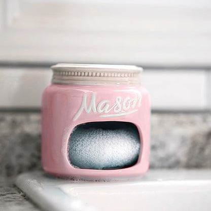 Mason Jar Kitchen Accessories Set - Ceramic Jar with Lid, Measuring Cups & Spoons, Utensil Holder for Stove, and Sponge Holder Ceramic - Vintage Utensil Rest & Condiment Shakers (Pink, 17-Pieces)
