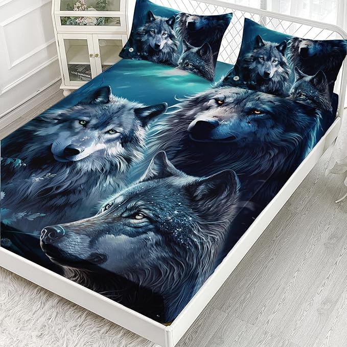AILONEN Boys Wolf Fitted Sheet Set Queen Size, 3 Pieces Wildlife Bed Sheet Set,Evening Moon Wolf Sheet Set for Boys Teen Men,Wolves Print Fitted Sheet with 2 Pillowcases