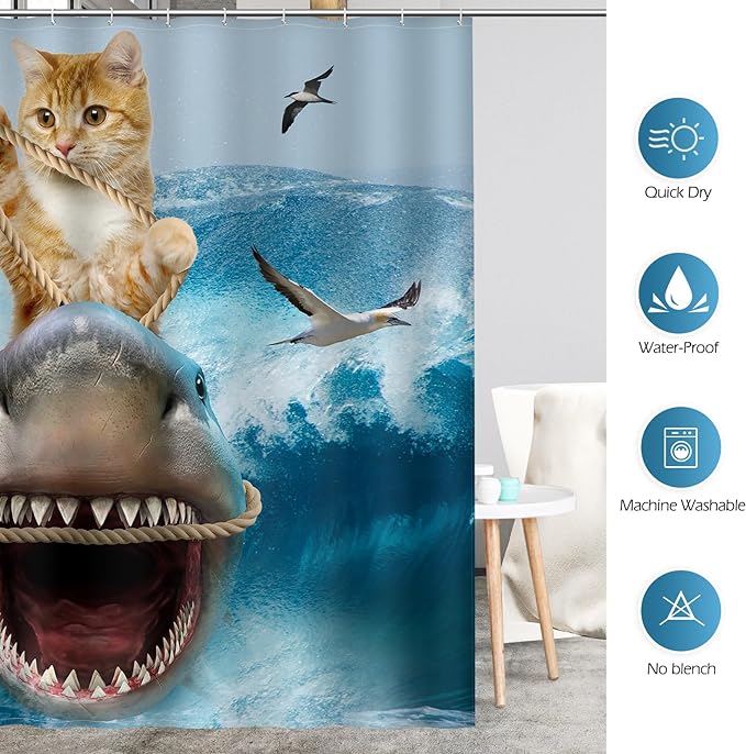 Aimego Stall Small Shower Curtain - Funny Cute Cool Cat Riding Shark Ocean Wave Fun Narrow Half Fabric Cloth Shower Curtain Set for Adults Kids Bathroom Decor Accessories Bath Curtain, 36"x72"