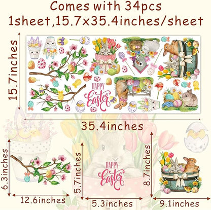 Happy Easter Wall Stickers Bunny Rabbit Wall Decals Peel and Stick Wall Art Decal Easter Egg Wall Decal Spring Flower Tree Branch Window Clings for Kids Room Nursery Living Room Kitchen Decor Gifts