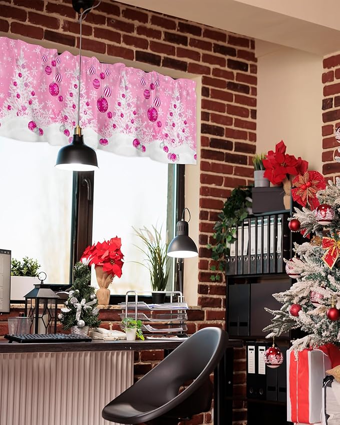 Pink Christmas Valance Curtains for Kitchen Windows White Xmas Tree Snowflakes Pink Balls Rod Pocket Window Treatment Toppers for Kitchen/Living Room/Bedroom/Bathroom, 42" X 18", Winter