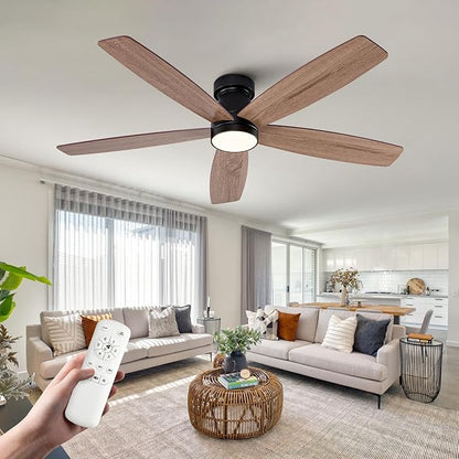 52 inch Ceiling Fans with Lights and Remote,Flush Mount Black Ceiling Fan,Memory Fuction Reversible Quiet DC Motor Low Profile Ceiling Fans For Living Room Bedroom Indoor Outdoor(Black Walnut)