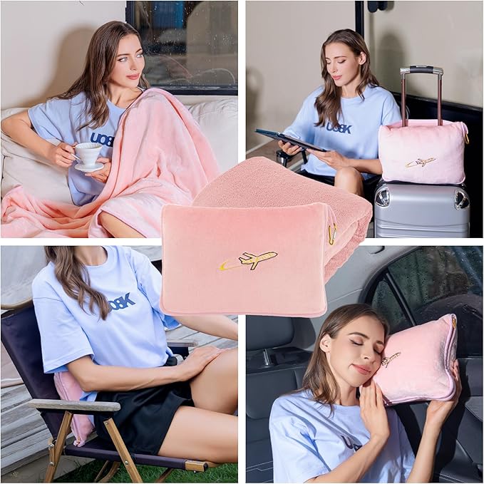 3 in 1 Travel Pillow and Blanket Set, Premium Soft 300 GSM Thick Airplane Blanket Compact with Bag for Long Trips Essentials, Hand Luggage Sleeve and Backpack Clip (Pink)