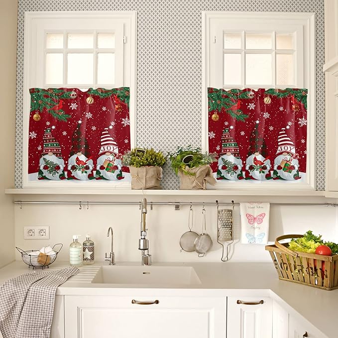 Christmas Gnomes Kitchen Curtains and Valances Set, Red Winter Holidays Window Treatments Tiers White Snowflakes Xmas Trees Half/Short Curtains for Small Windows Cafe /Living Room/ Bedroom 54x 36 in